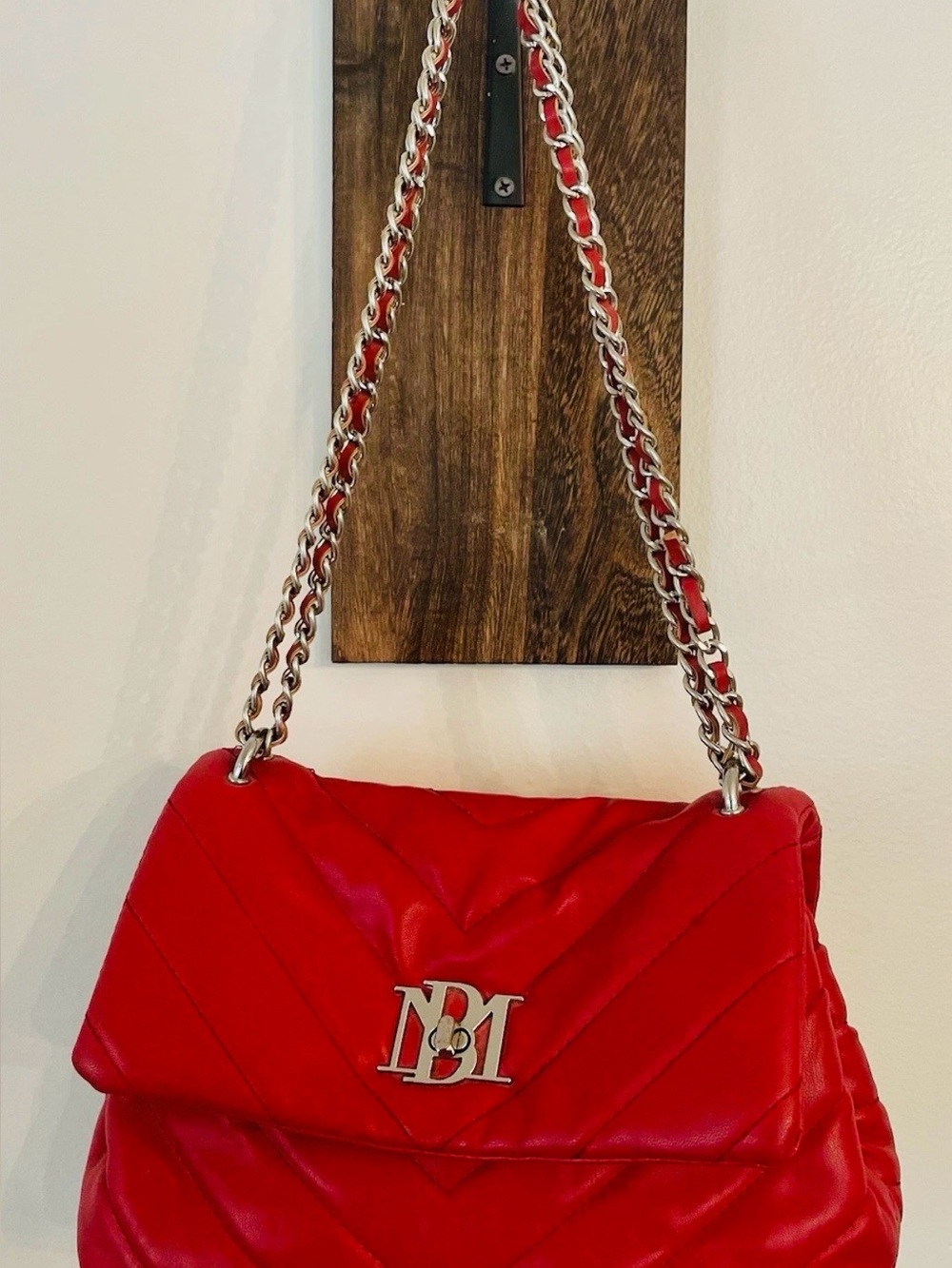 Badgley Mischka Red Quilted Shoulder Bag with Chain Strap